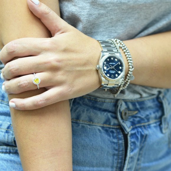 Halo Diamond Engagement Ring Fancy Yellow Round Shape 1.41 TCW 14K White Gold - Picture 9 of 11